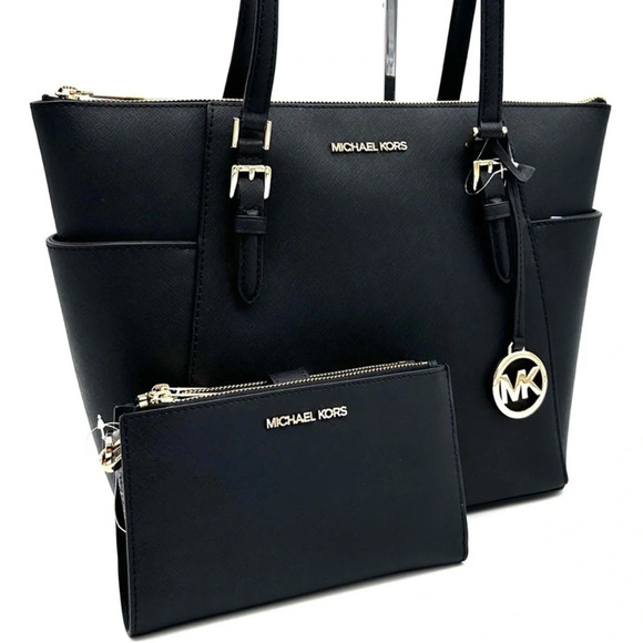 Michael Kors Large Charlotte Tote Bag & Large Double Zip Wallet Black (NWT) - Picture 2 of 14